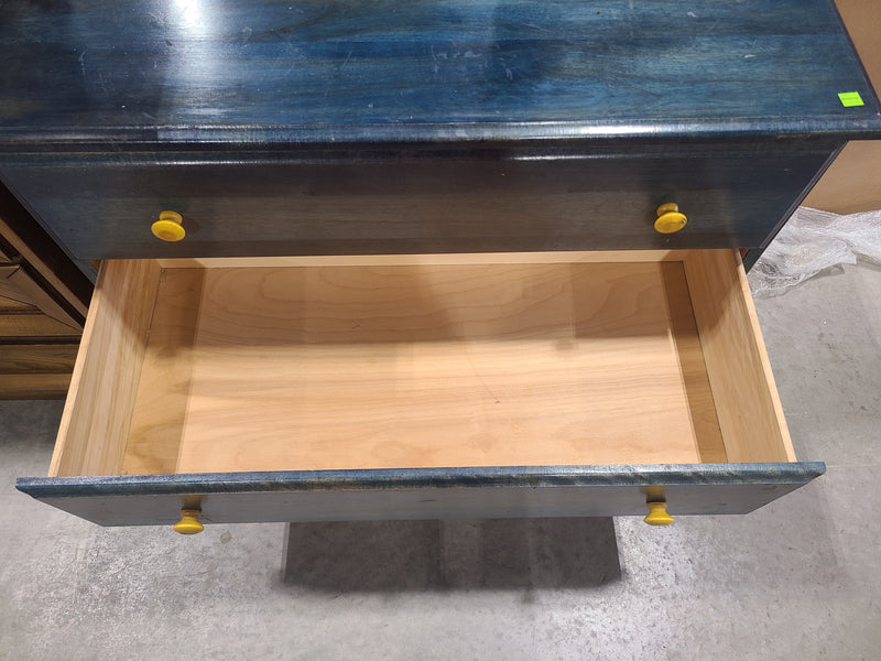 Blue Stained Wooden 3-Drawer Dresser with Yellow Knobs