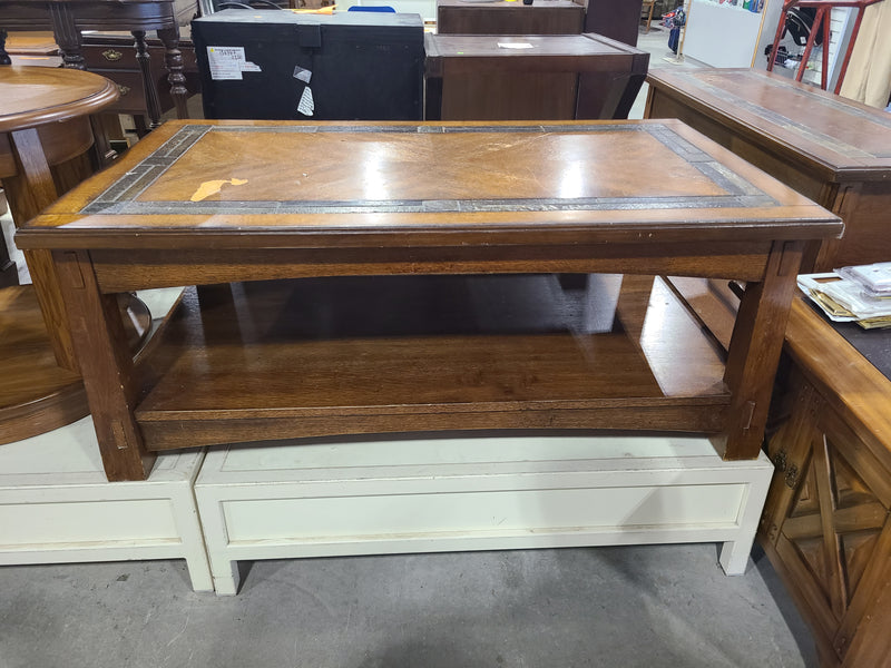 Rustic Oak Coffee Table with Slate Tile Inlay & Lower Storage Shelf