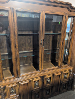 Large Wooden Buffet and Hutch with Glass Doors