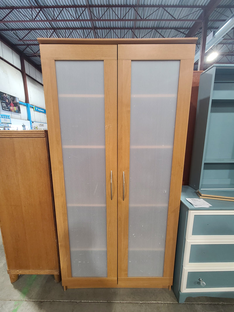 Modern Natural Wood Tall Storage Cabinet with Frosted Glass Doors
