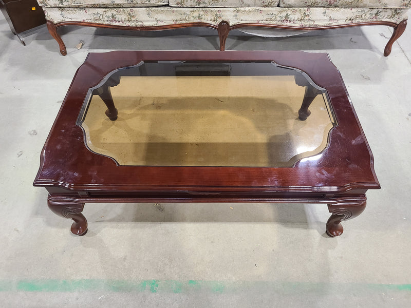 Traditional Cherry Finish Glass-Top Coffee Table