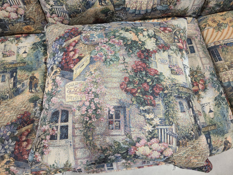 Vintage Tapestry 3-Seat Sofa with Matching Accent Pillows – French Country Village Motif