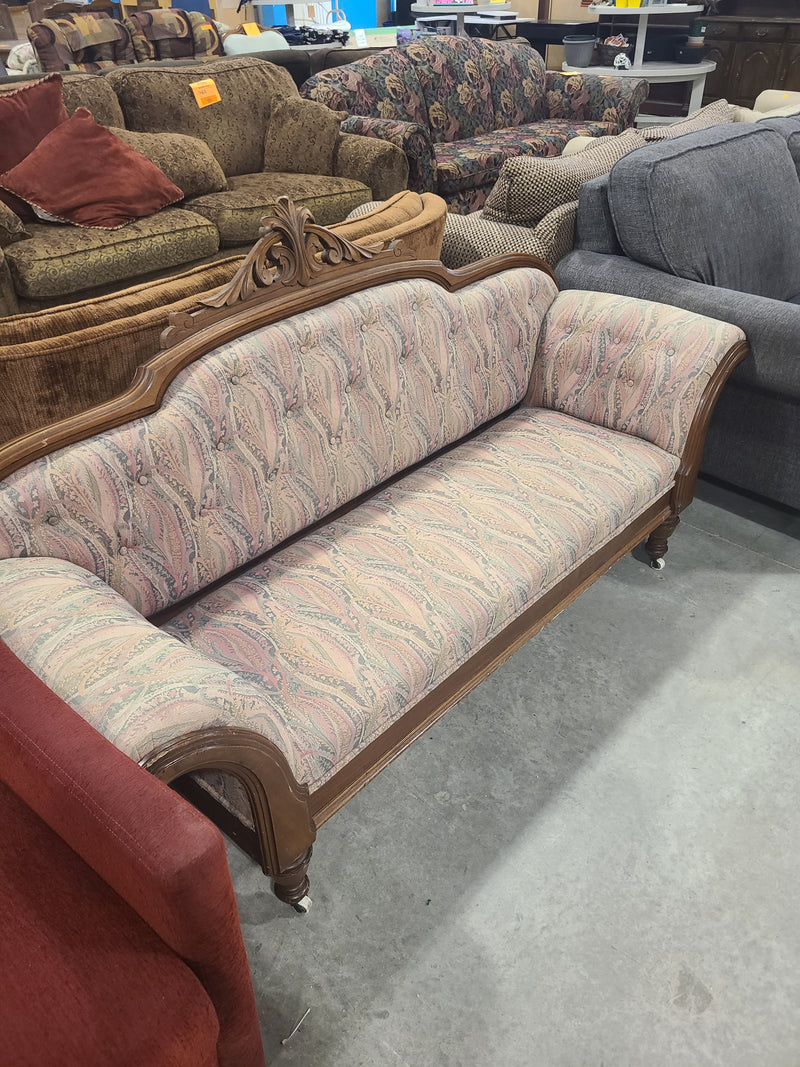 Antique Style Carved Wood Settee / Sofa with Paisley Upholstery