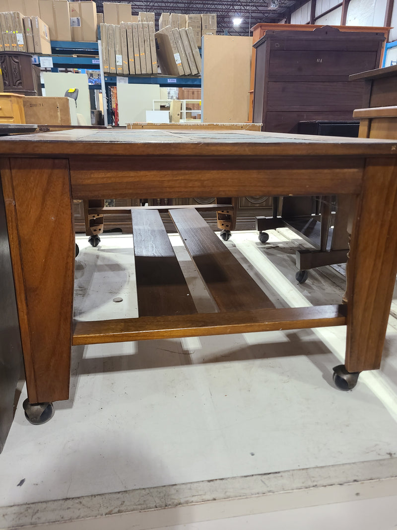 Rustic Slate Tile Top Wooden Coffee Table on Casters