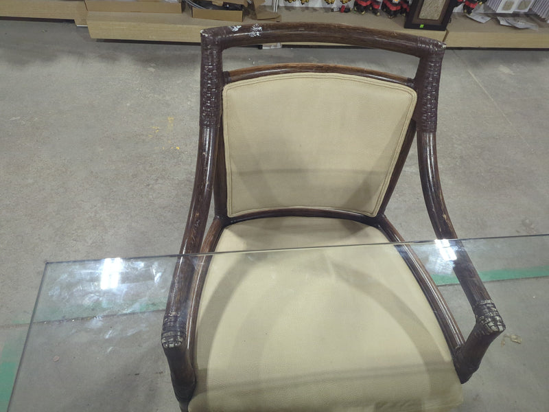 McGuire Bamboo + Raw Hide Chairs with Geometric Base Glass Table