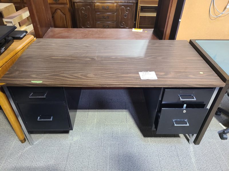 Industrial Steel Double-Pedestal Executive Desk Wood Top & Black Metal Frame