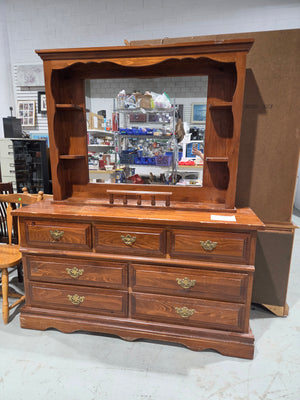 Rustic Colonial-Style Wooden Dresser with Mirror Hutch