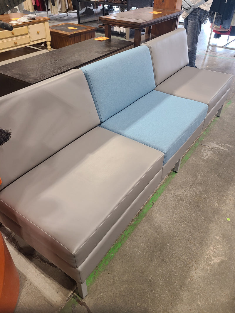 Modern Modular 3-Piece Armless Bench Sofa in Grey Faux Leather & Light Blue Fabric