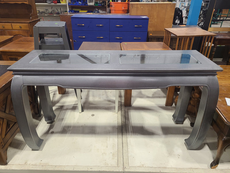 Asian-Inspired Metallic Grey Console Table with Glass Inserts