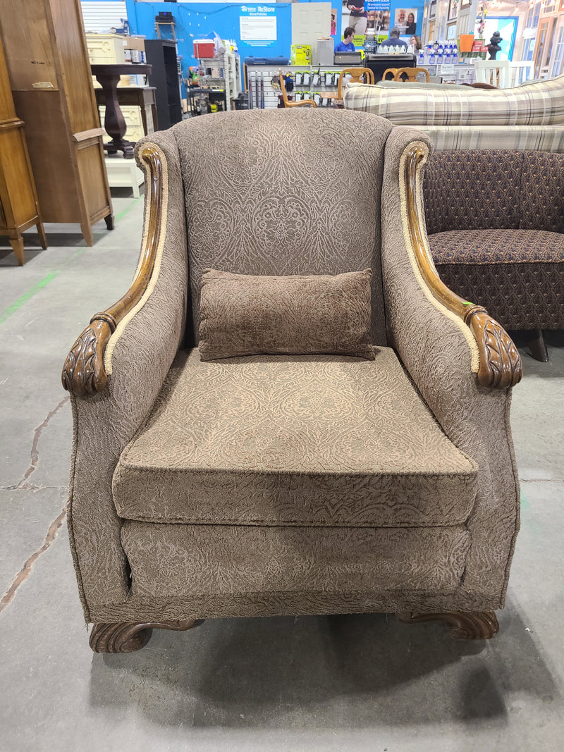 Traditional Brocade Accent Armchair with Carved Wood Trim