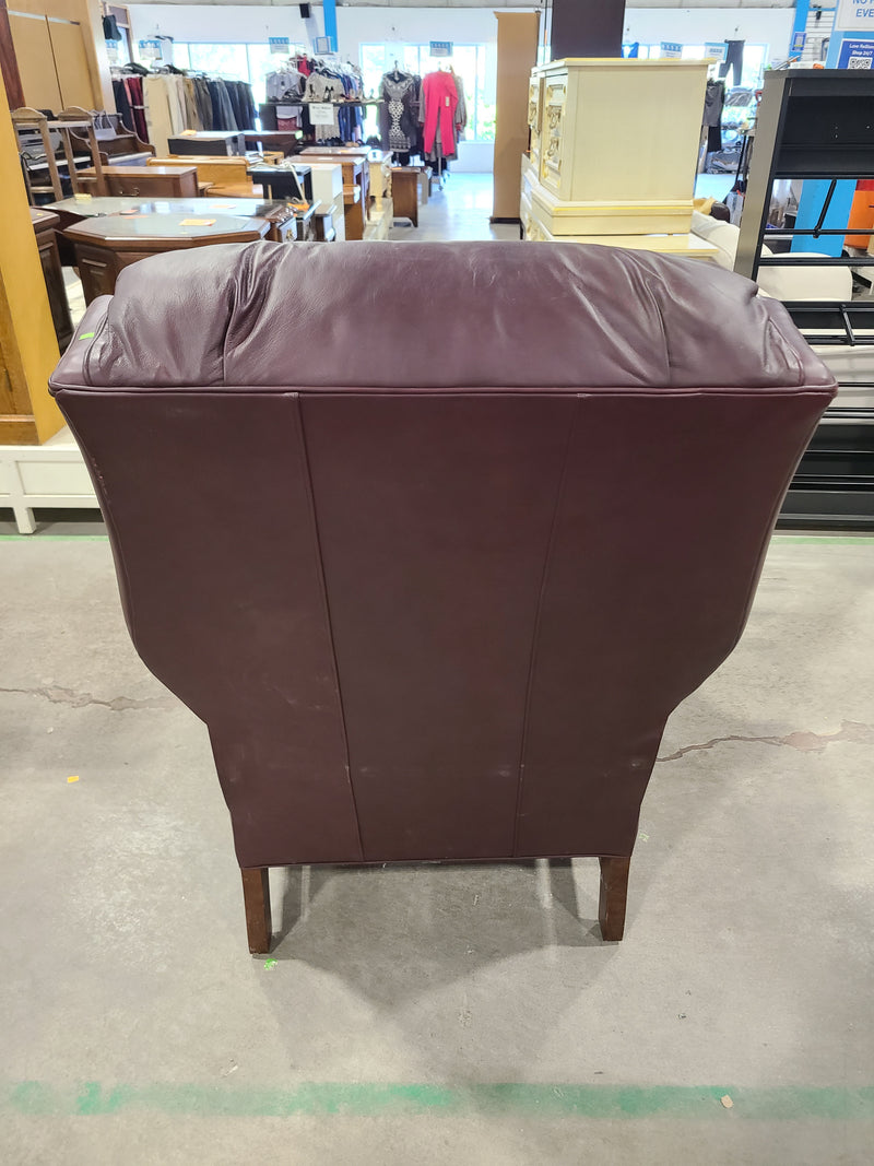 Burgundy Leather Wingback Armchair with Nailhead Trim