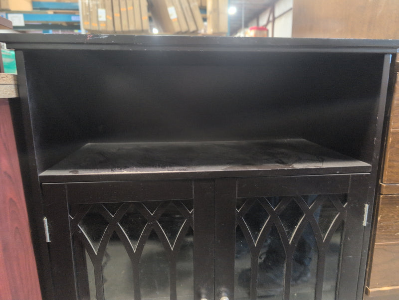Black Accent Cabinet with Transparent Doors and Colorful Tabletop