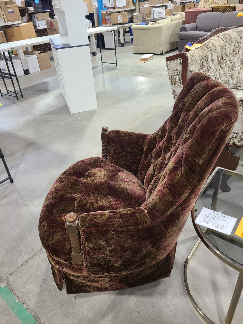 Vintage Tufted Burgundy & Gold Floral Swivel Armchair