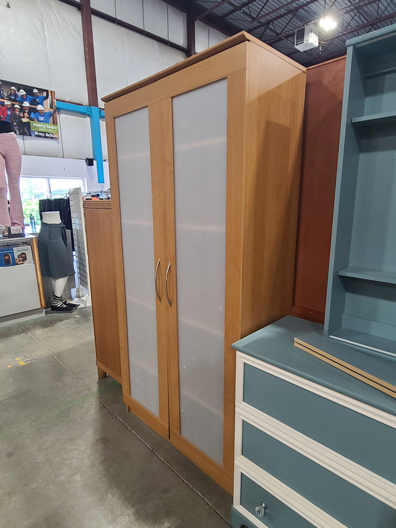 Modern Natural Wood Tall Storage Cabinet with Frosted Glass Doors