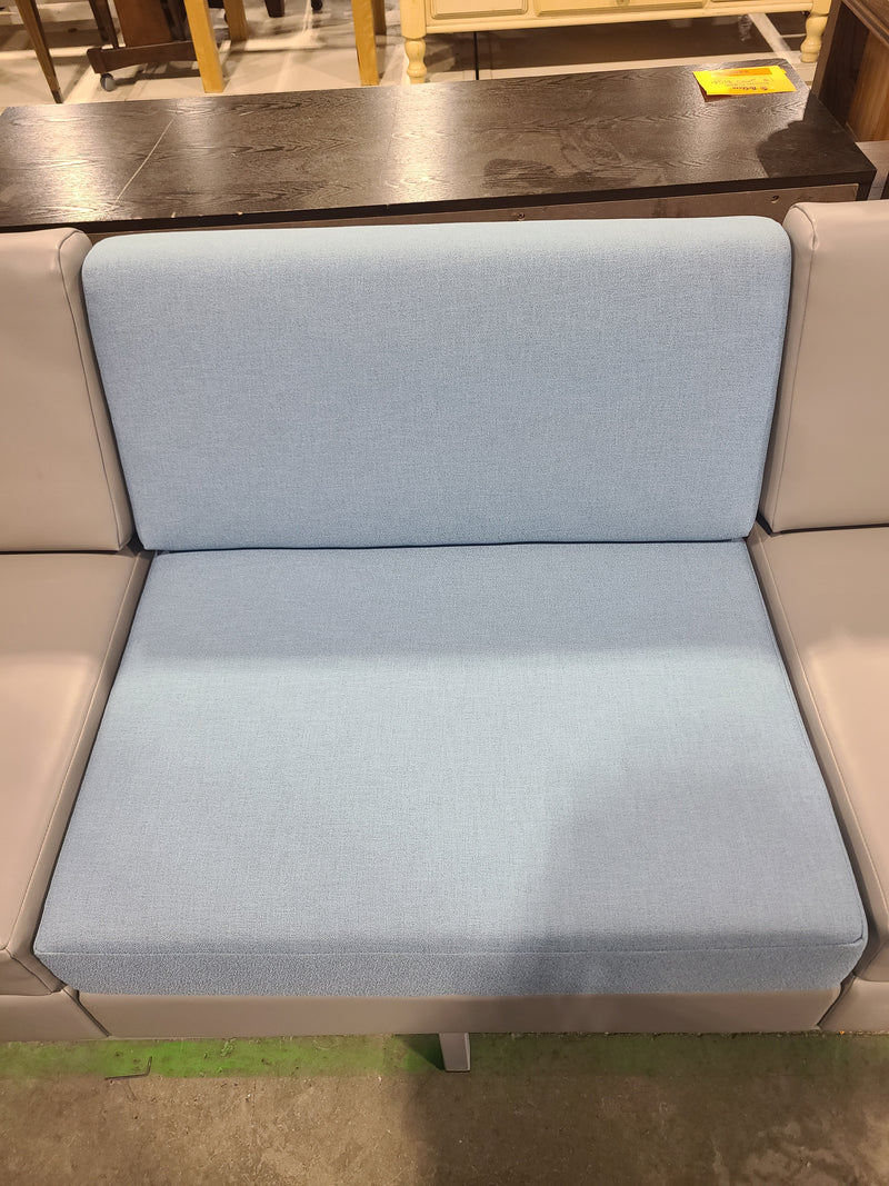 Modern Modular 3-Piece Armless Bench Sofa in Grey Faux Leather & Light Blue Fabric