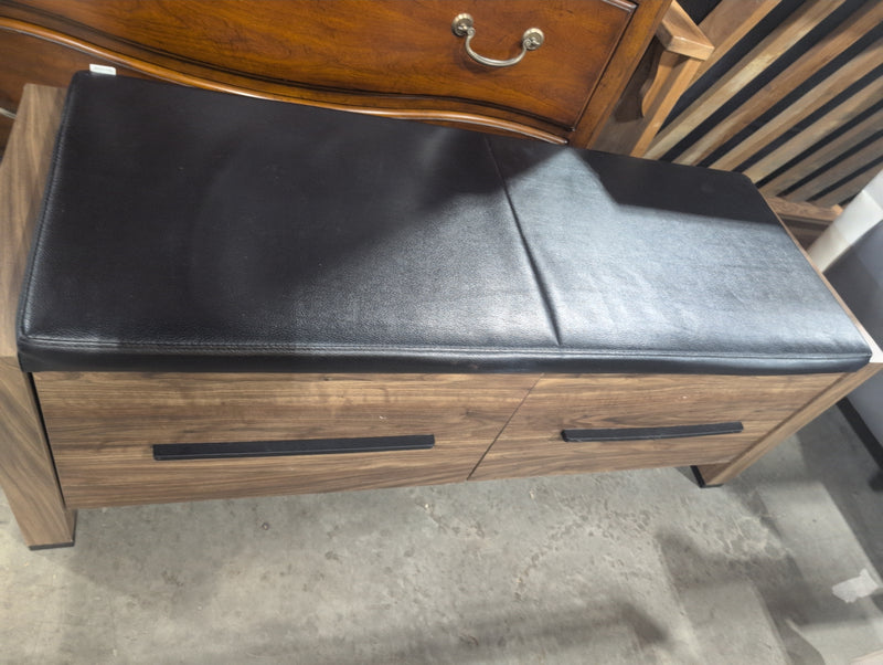 Bench with Drawers and Black Faux Leather Cushion