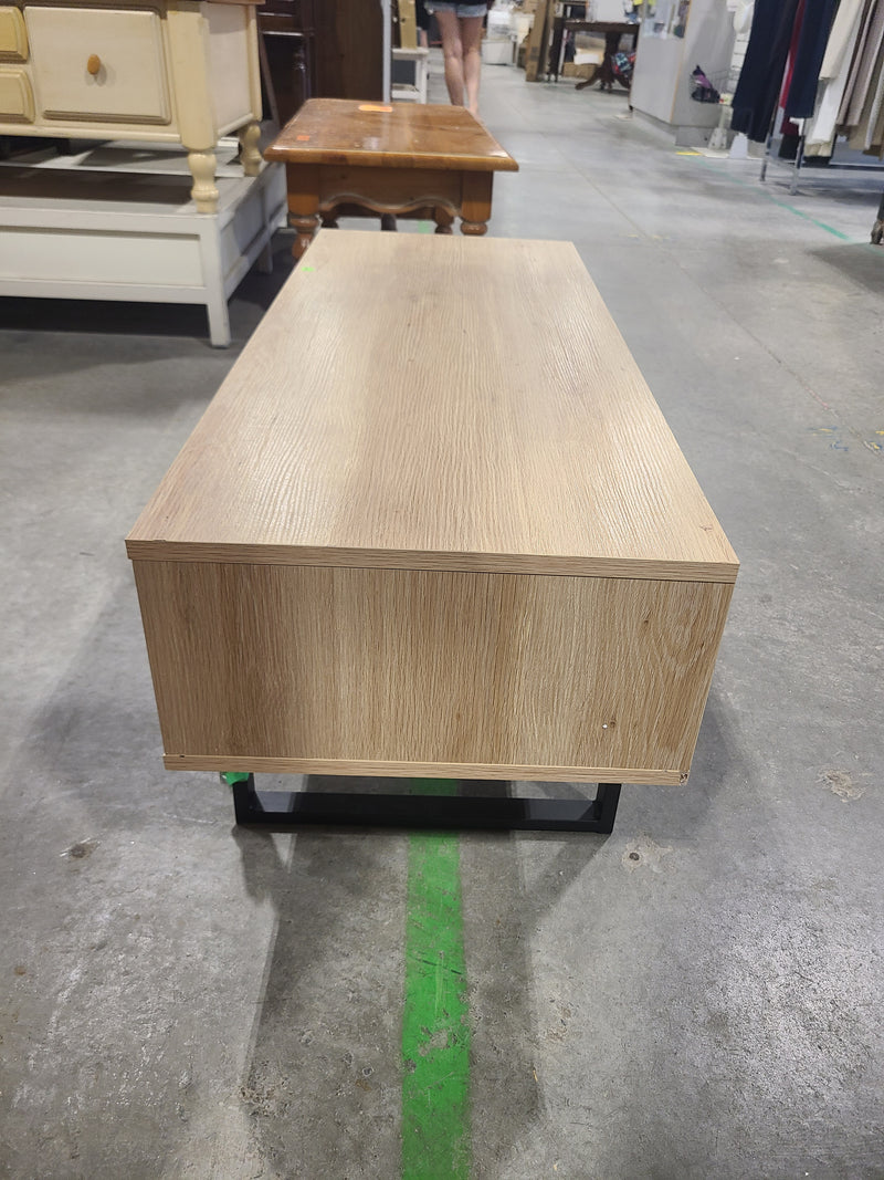 Modern Light Oak Media Console & Low Coffee Table with Metal Legs