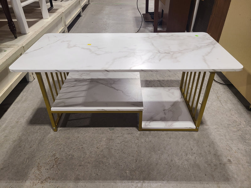 Modern Faux White Marble & Gold Metal Frame Coffee Table with Two-Tier Storage