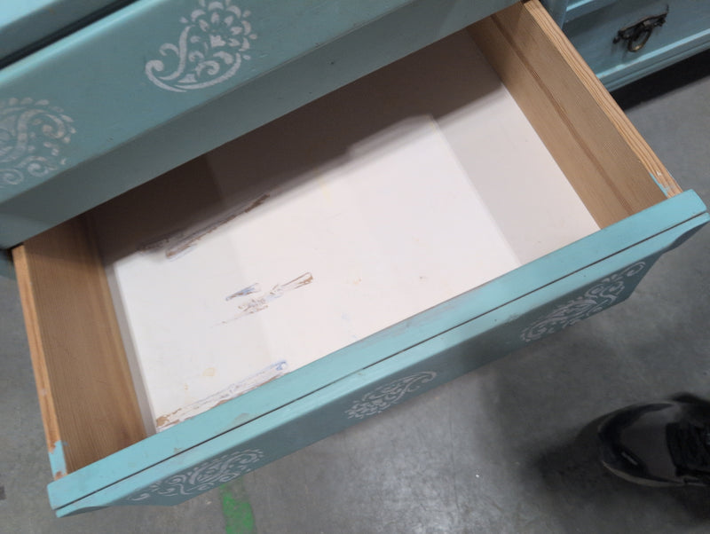 Refinished Light Blue Bedside Dresser with Stenciled Floral Paisley Details
