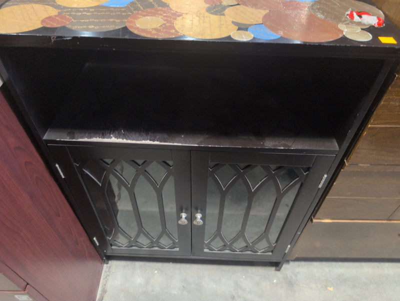 Black Accent Cabinet with Transparent Doors and Colorful Tabletop