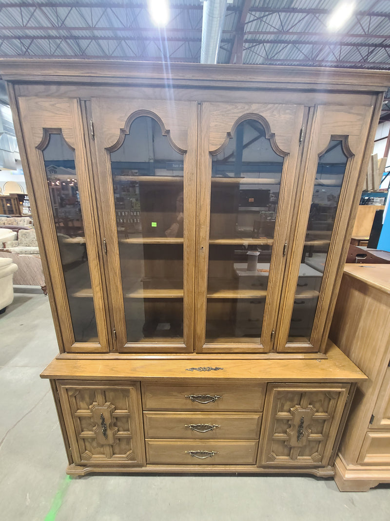 Vintage Oak Large Two-Piece China Cabinet & Buffet Credenza