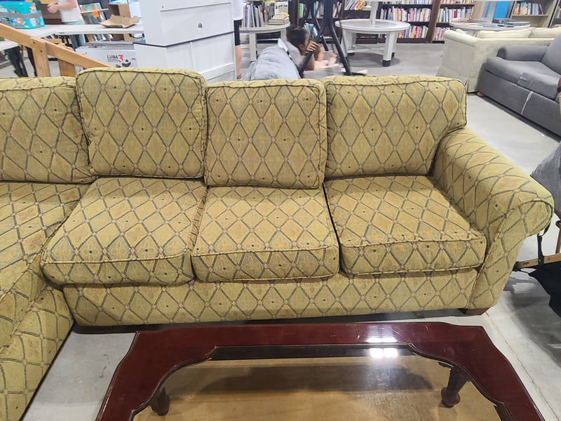 Classic Yellow & Olive Diamond-Patterned Sectional Sofa with Matching Ottoman