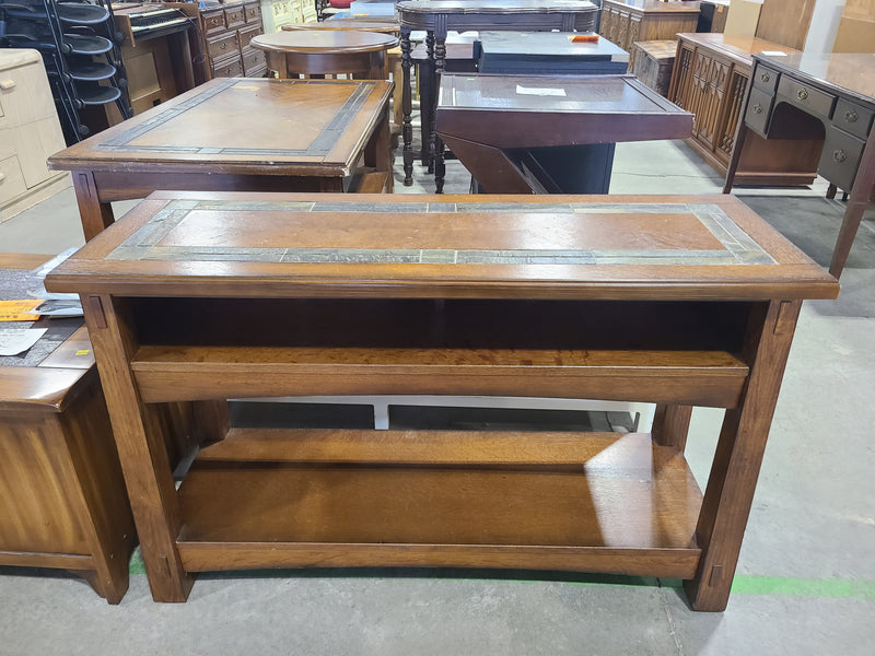 Rustic Oak Sofa Console Table / TV Stand with Slate Tile Inlay