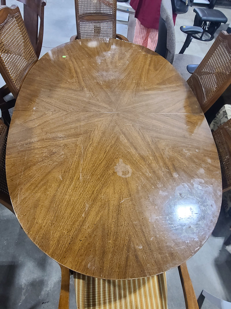 Vintage Oval Wood Dining Table & 6 Rattan Back Chairs Set