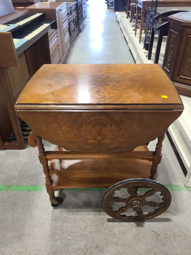 Vintage Drop-Leaf Wood Tea & Bar Cart with Spoke Wheels
