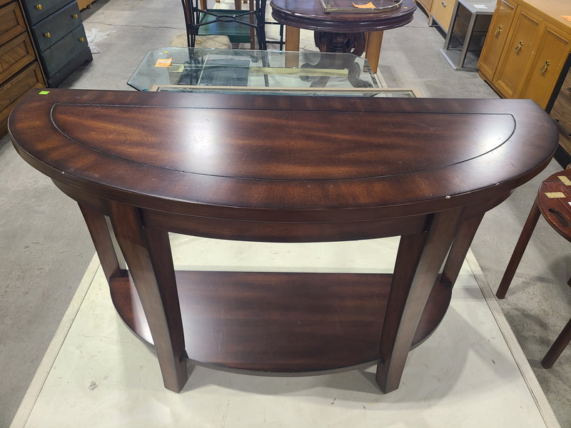 Dark Cherry Wood Half-Moon Console Table with Lower Storage Shelf
