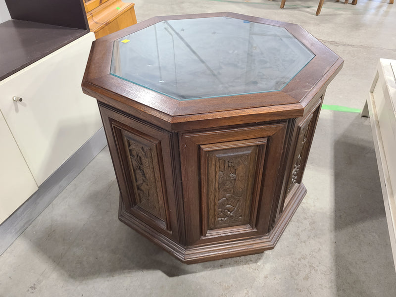 Vintage Hand-Carved Asian Wooden Octagonal Side Table with Glass Top
