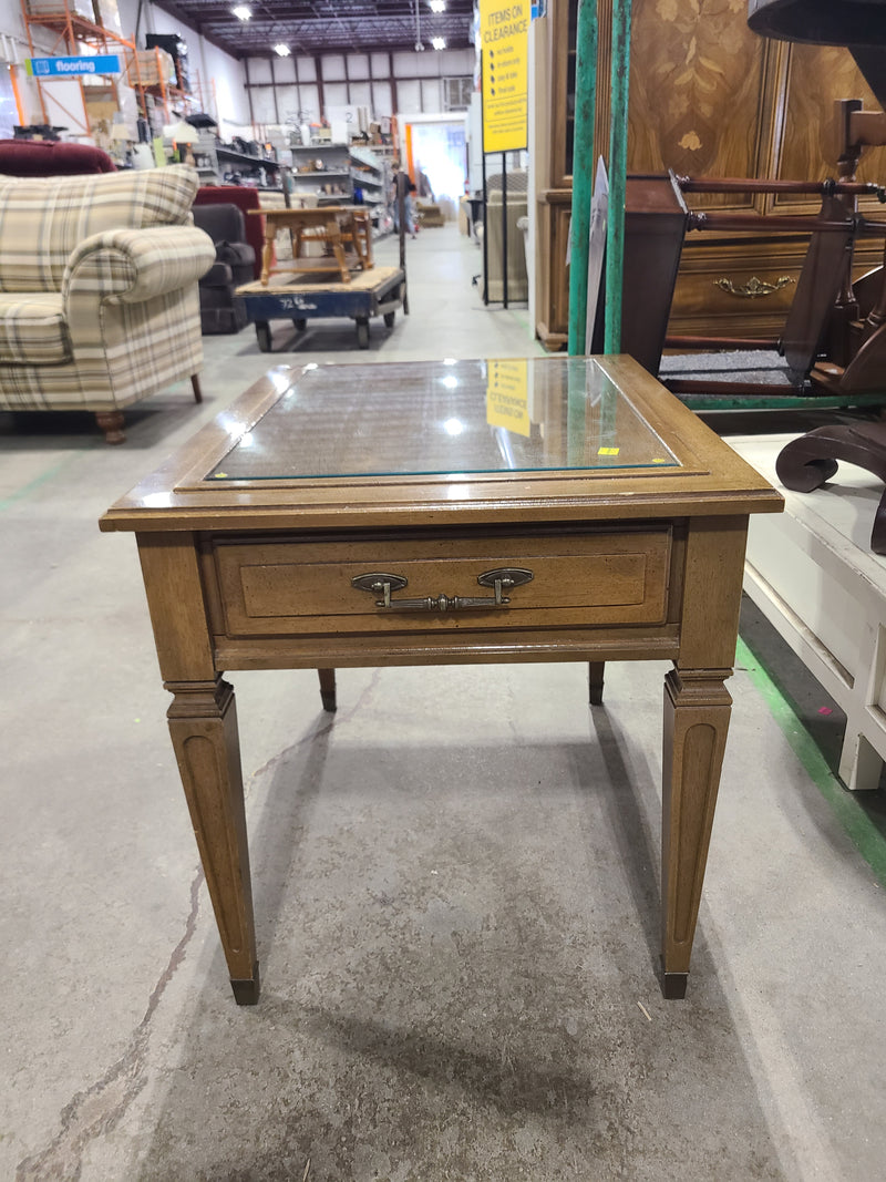 Vintage Traditional Glass-Top Wooden End Table with Storage Drawer
