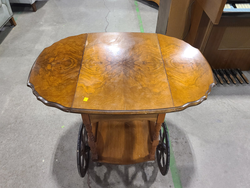 Vintage Drop-Leaf Wood Tea & Bar Cart with Spoke Wheels
