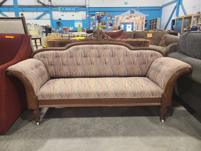 Antique Style Carved Wood Settee / Sofa with Paisley Upholstery