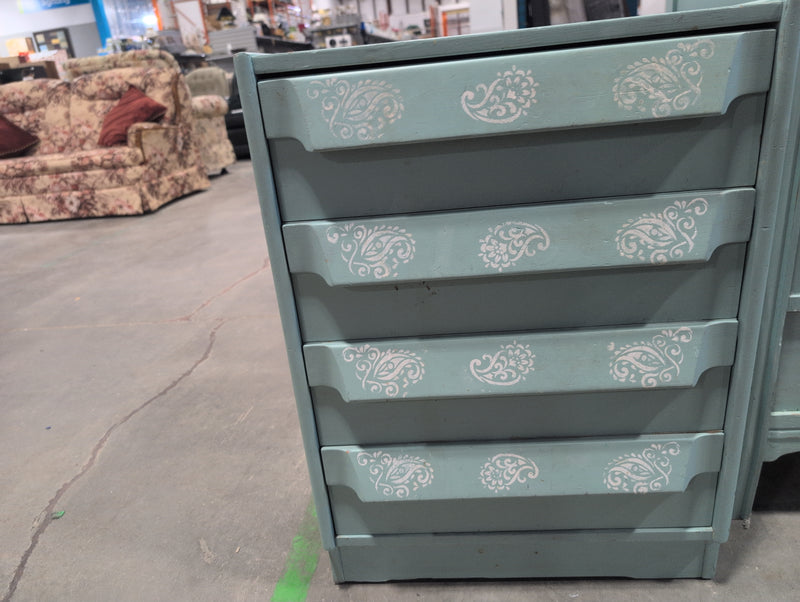 Refinished Light Blue Bedside Dresser with Stenciled Floral Paisley Details
