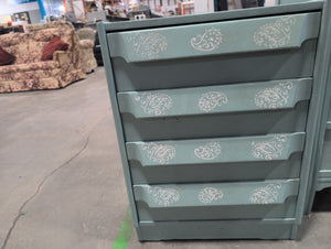 Refinished Light Blue Bedside Dresser with Stenciled Floral Paisley Details