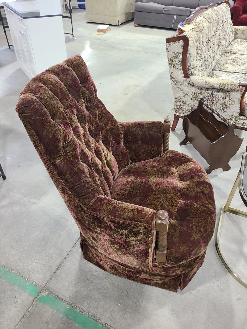 Vintage Tufted Burgundy & Gold Floral Swivel Armchair