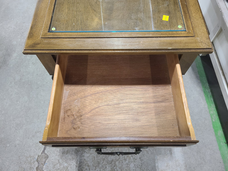 Vintage Traditional Glass-Top Wooden End Table with Storage Drawer