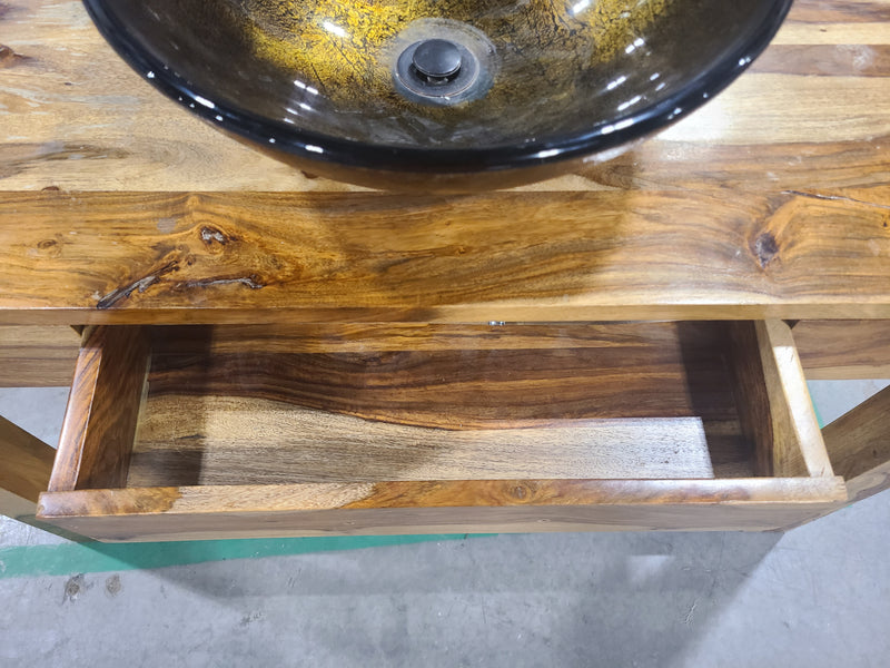 Solid Sheesham Wood Single Bathroom Vanity Set with Glass Vessel Sink