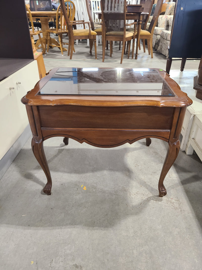Vintage French Provincial Wood End Table with Glass Top & Drawer