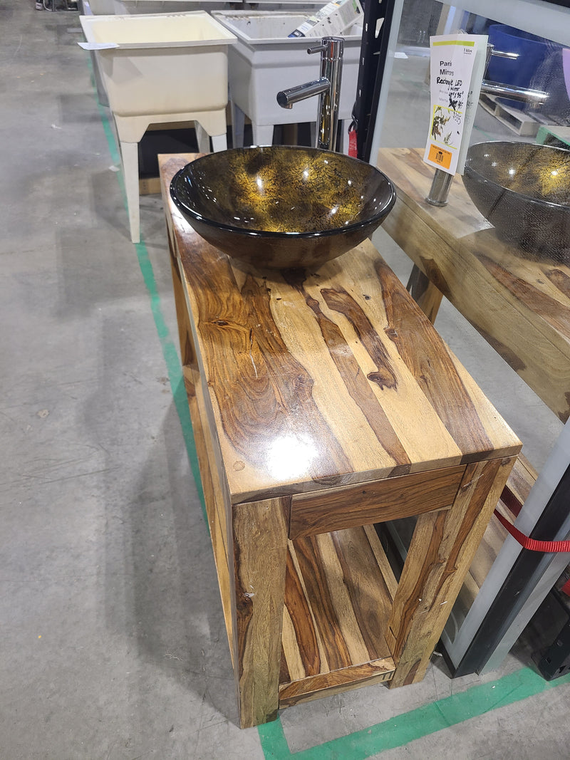 Solid Sheesham Wood Single Bathroom Vanity Set with Glass Vessel Sink
