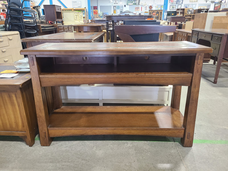 Rustic Oak Sofa Console Table / TV Stand with Slate Tile Inlay