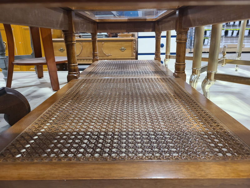 Vintage-Style Wooden Coffee Table with Glass Top and Cane Shelf