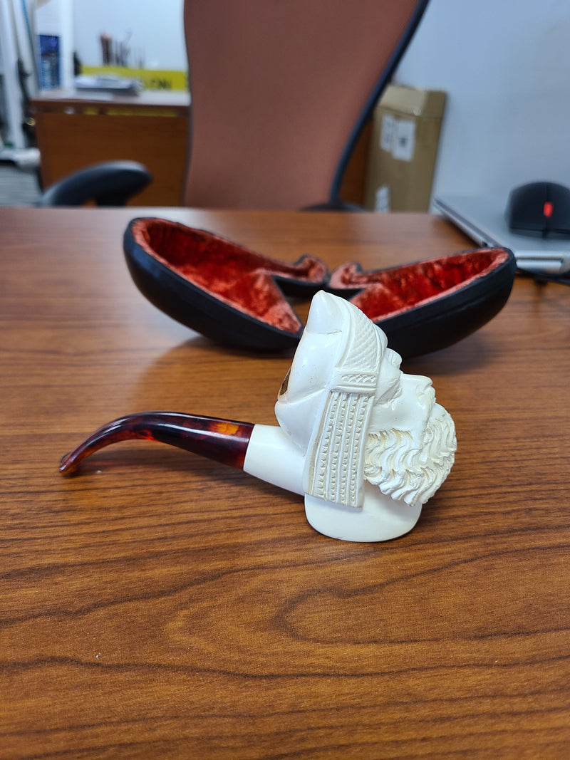Vintage Hand-Carved Meerschaum Tobacco Pipe – Sultan/Sultanate Bust with Case