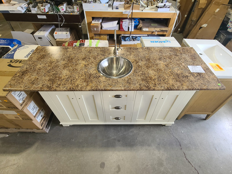 Off-White Bathroom Vanity Cabinet with Laminate Countertop, Round Stainless Steel Sink & Faucet