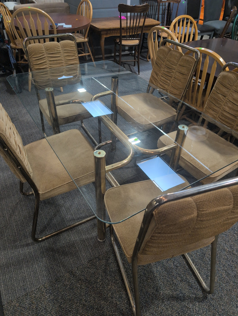 MCM Glass Top Table with Brass Base with Champagne Cushioned Chairs