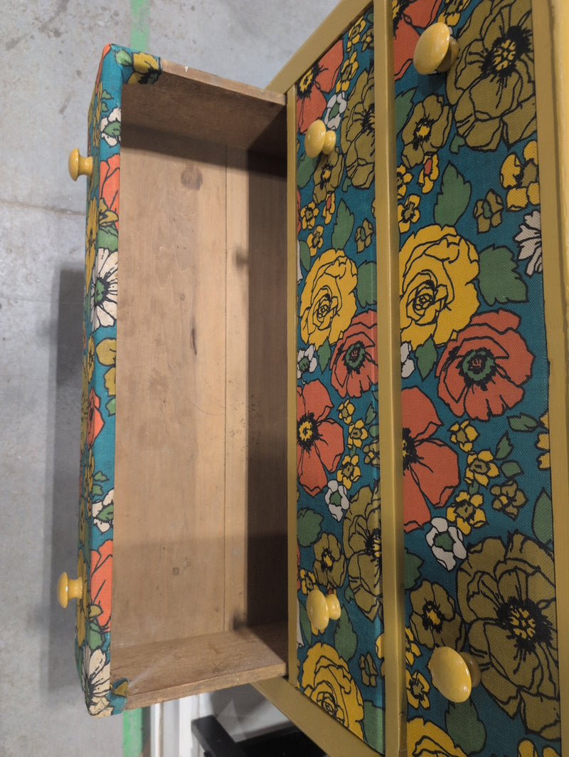 Mustard Yellow Dresser with Floral Fabric Covered Drawers