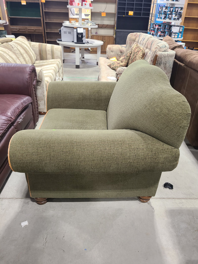 Overstuffed Olive Green Upholstered Armchair with Tan Piping