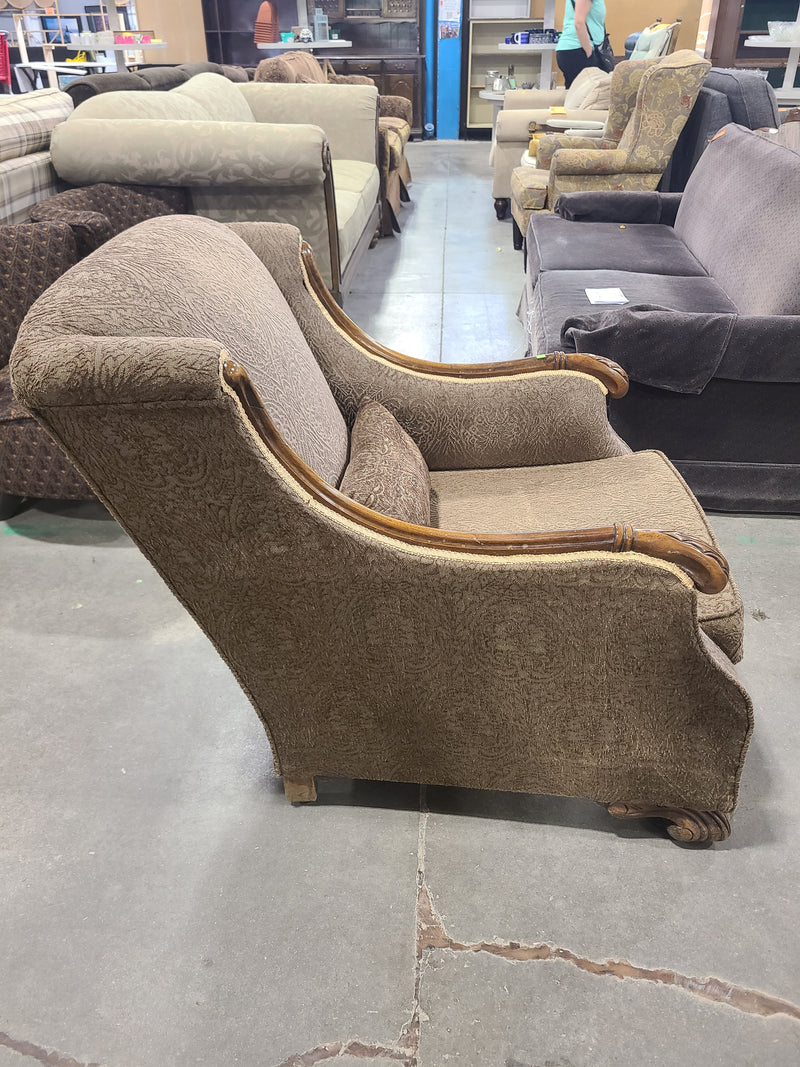 Traditional Brocade Accent Armchair with Carved Wood Trim