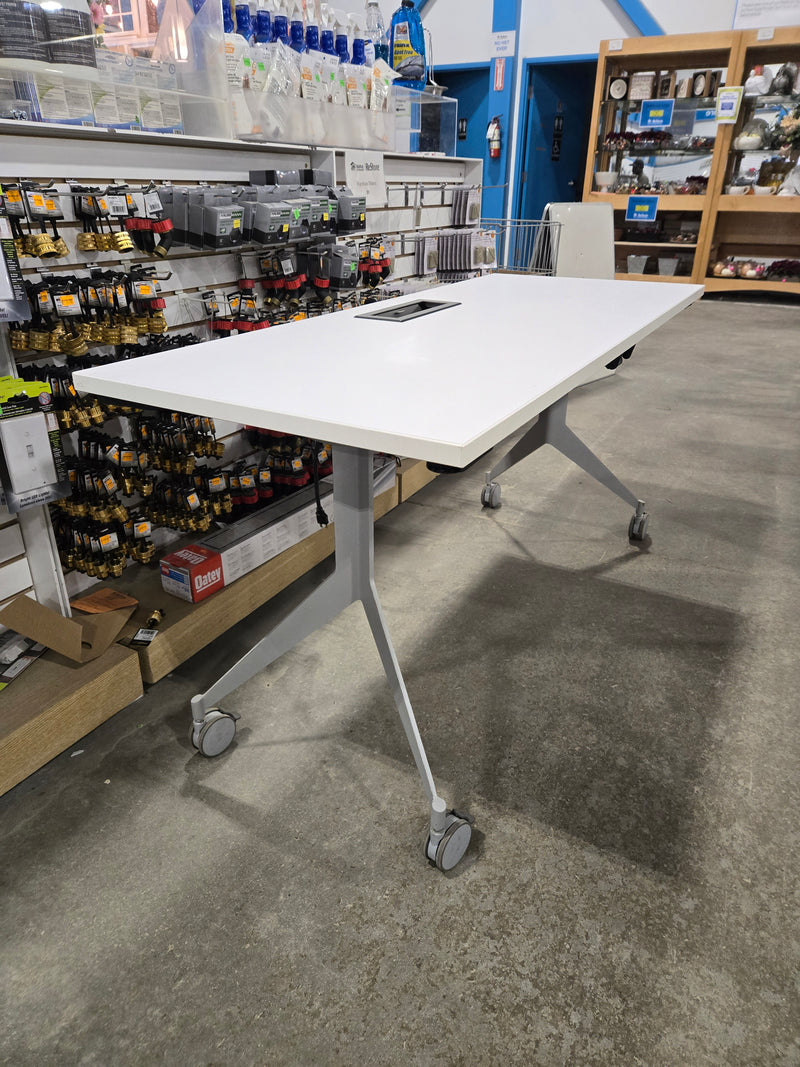 Modern White Flip-Top Training Table with Built-In Power